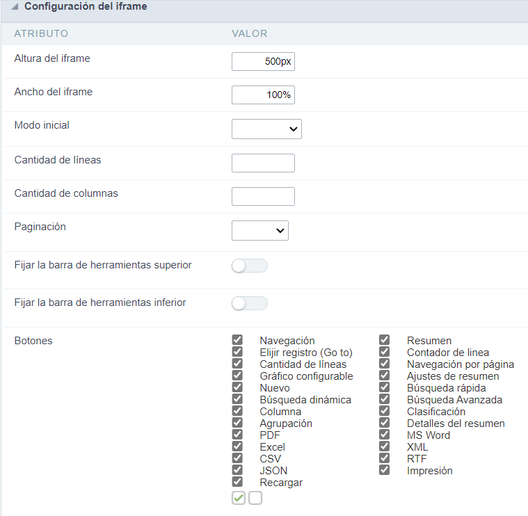 Bloque de atributos de las configuraciones de las Grids anidadas