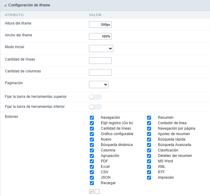 Pantalla de configuración individual de la Grid anidada