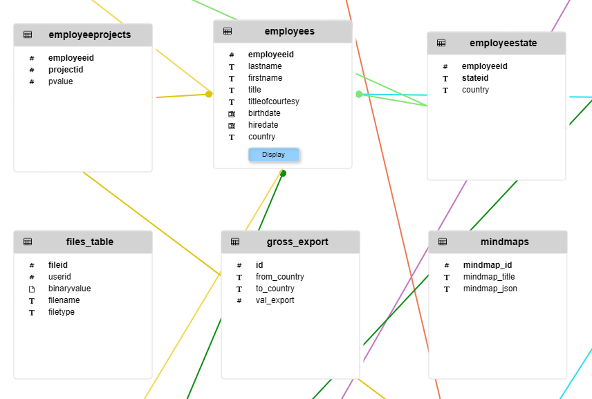 ER diagram view. The tables are organized in blocks, with the related fields positioned below. Each link between tables is represented by a line in different colors.
