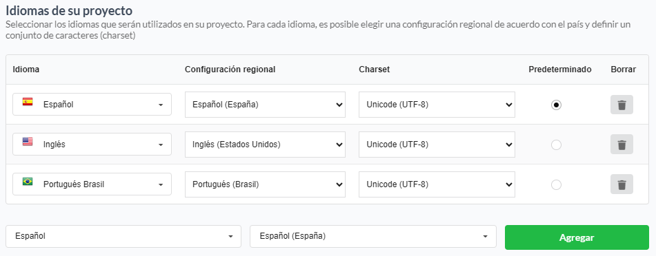 Selección de idiomas en la creación del proyecto