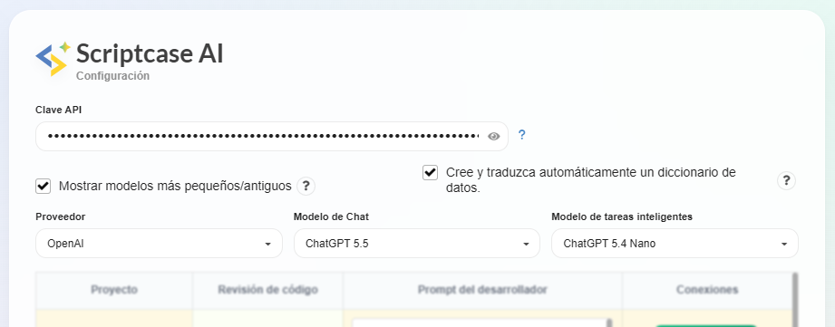 Pantalla de configuración de Scriptcase AI, con campos para informar la clave de API, seleccionar el proveedor de IA y definir los permisos de acceso a la información del proyecto.