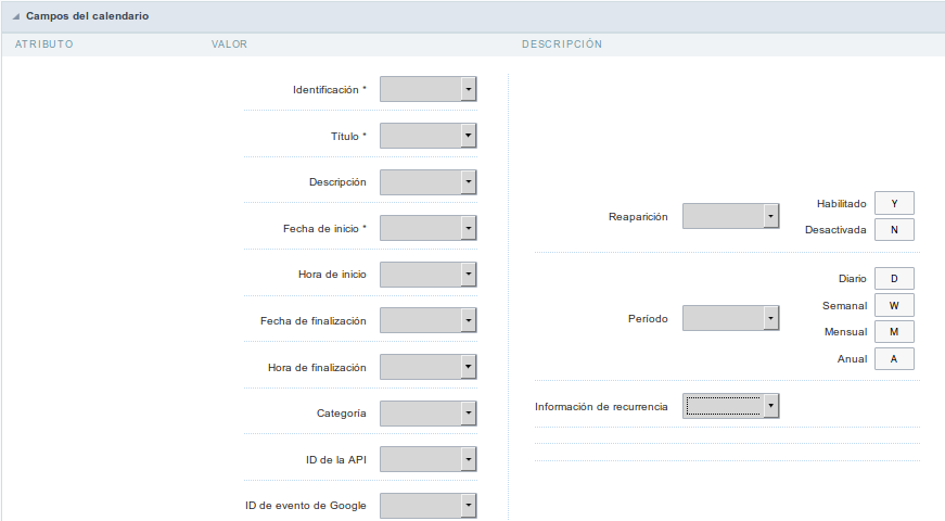 Calendar Fields Configuration