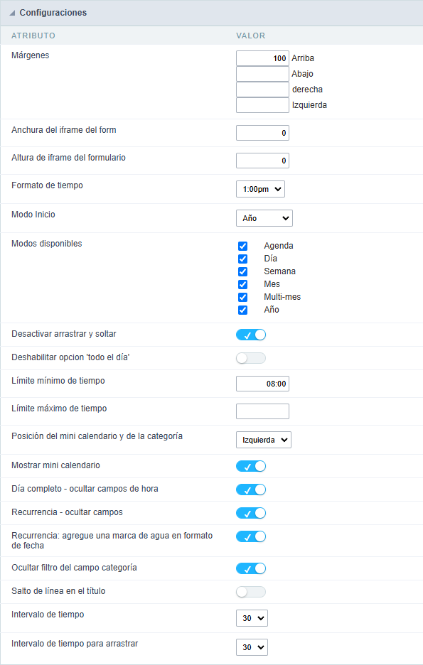 Configuración del Calendario