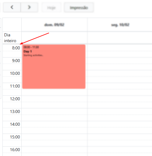 Ejemplo del calendario iniciando a las 8:00