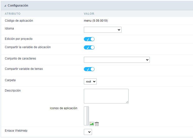 Menu settings interface, within the application menu .