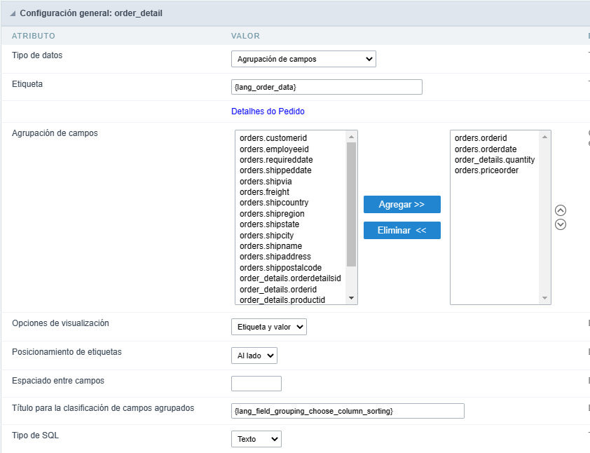 Pantalla de configuración general de la agrupación de campos