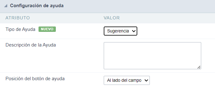 Interface de configuração da ajuda.