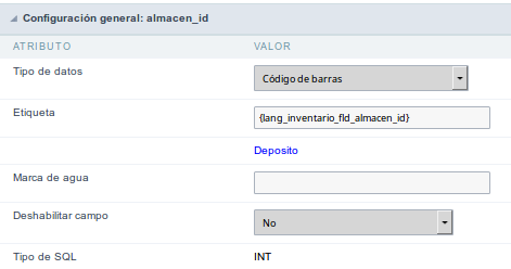 Configuration Interface of the Barcode Field.