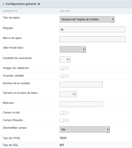 Credit Card Number Configuration Interface.