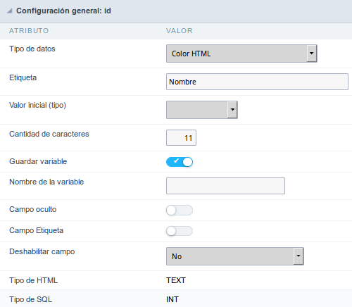 HTML Color field configuration Interface.