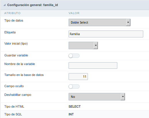 Double Select field configuration Interface.