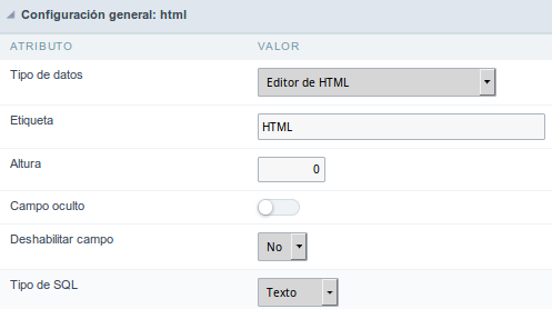 HTML Editor field configuration Interface.