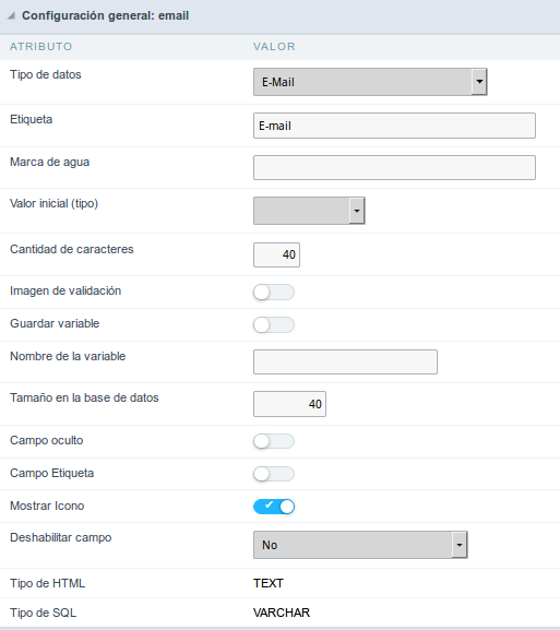 Email field configuration Interface.