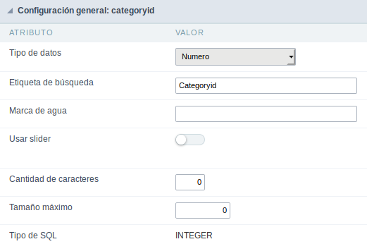 Interface de configuração do campo número.