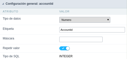 Interface de configuração do campo número.