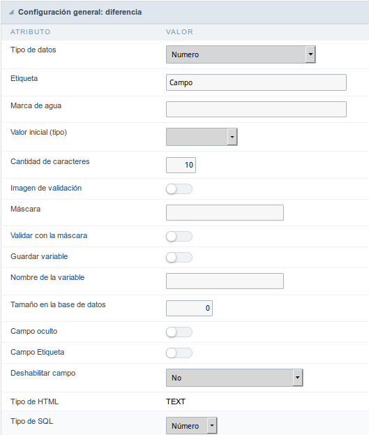 Interface de configuração do campo número.