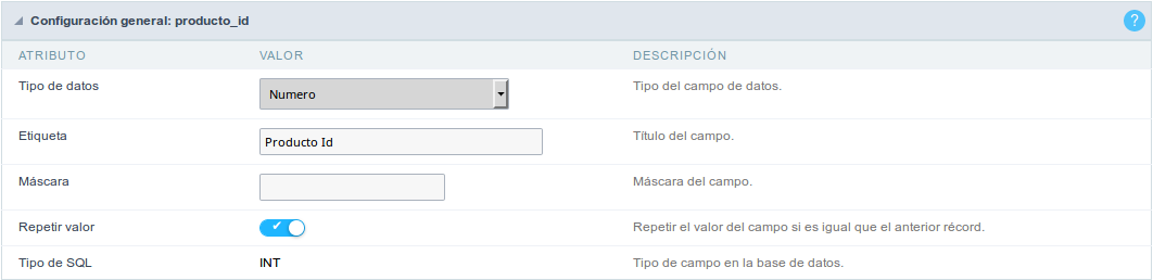 Interface de configuração do campo número.