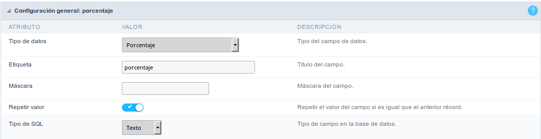 Percentage field configuration Interface.