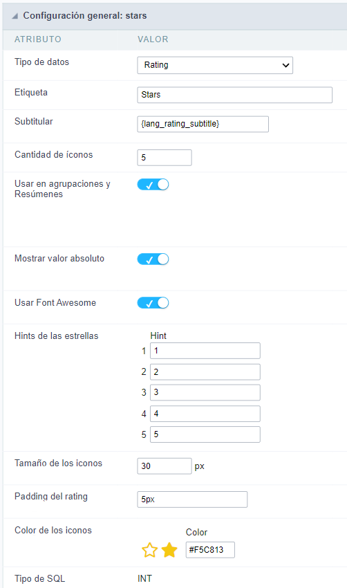 Interface de configuração do campo rating