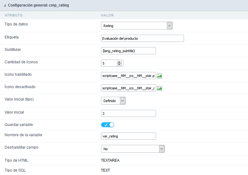 Interface de configuração do campo rating.