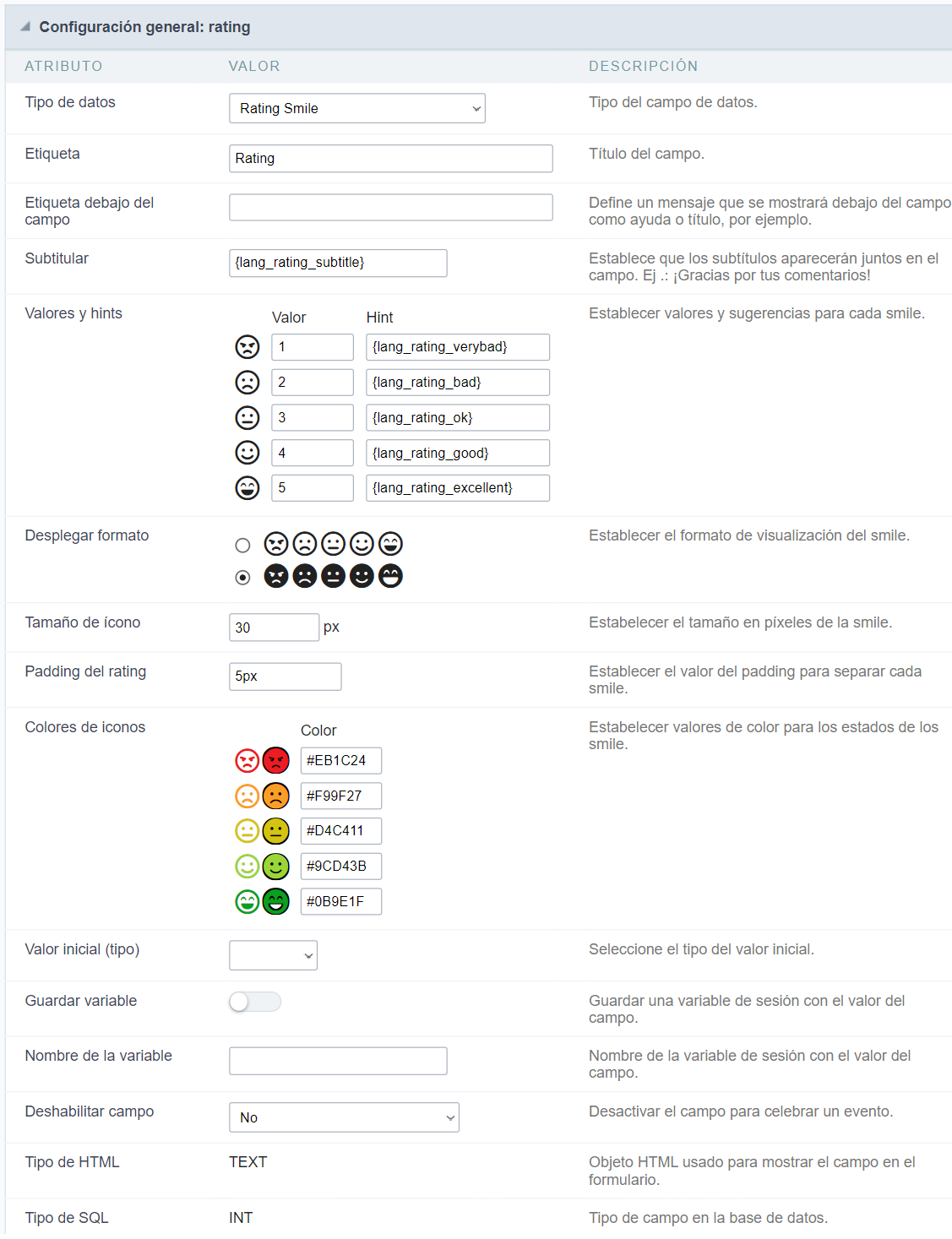 configuração geral ratingsmile form