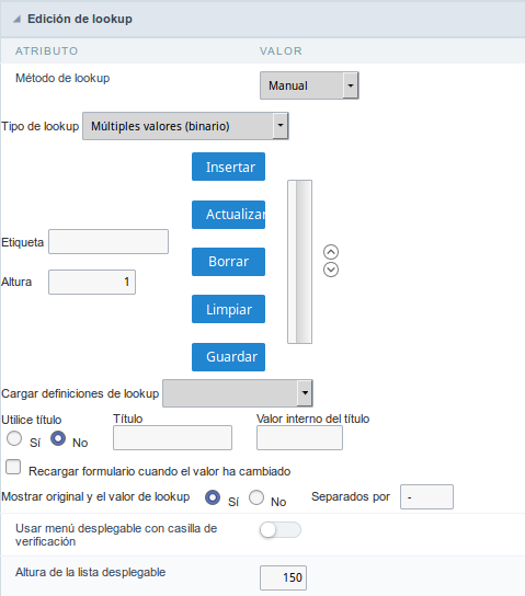 Interface de configuração de Lookup de edição manual