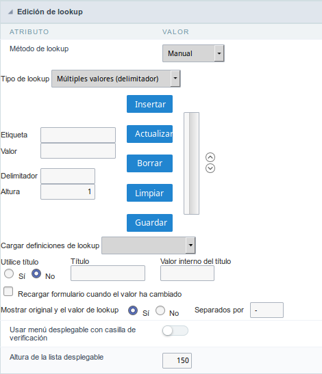 Interface de configuração de Lookup de edição manual