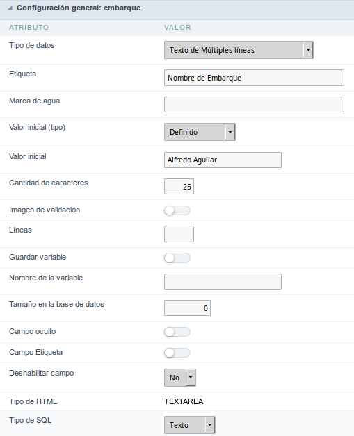 Multiple Lines Text field configuration Interface.