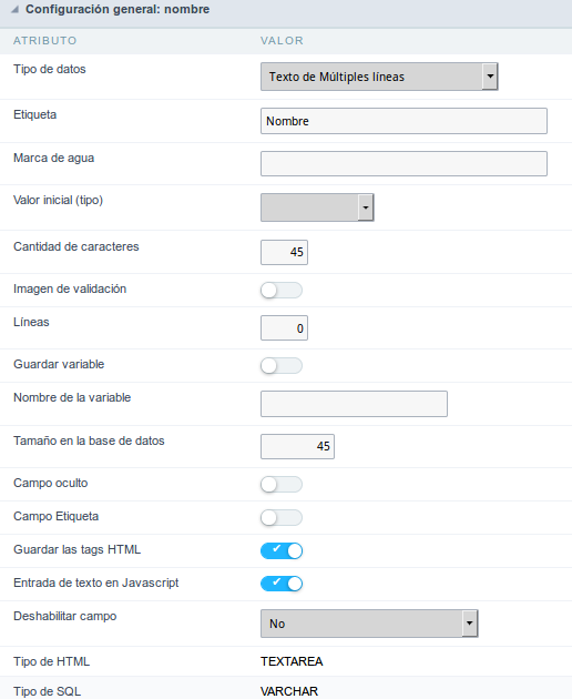 Multiple Lines Text field configuration Interface.