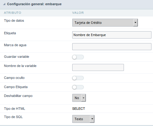 Credit Card field configuration Interface.