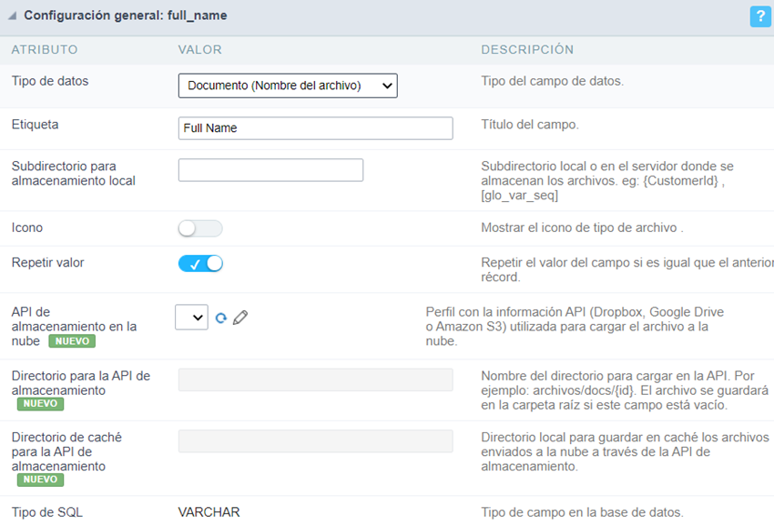 Upload field Configuration Interface.