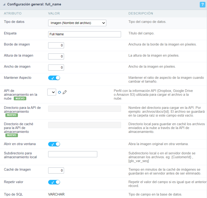 Upload field Configuration Interface.