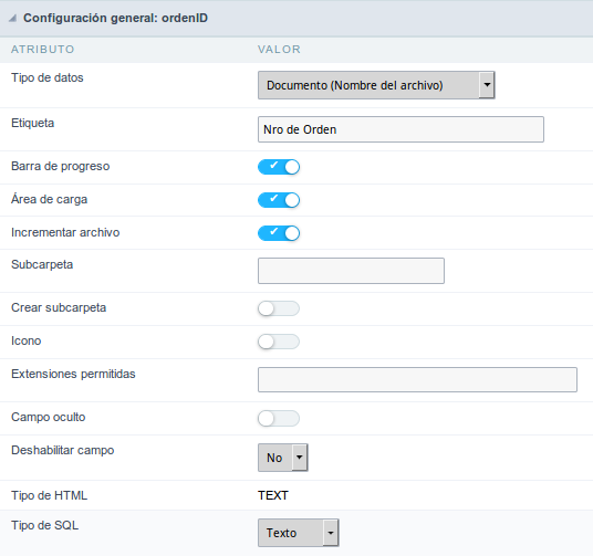 Document (File Name) field Configuration Interface.