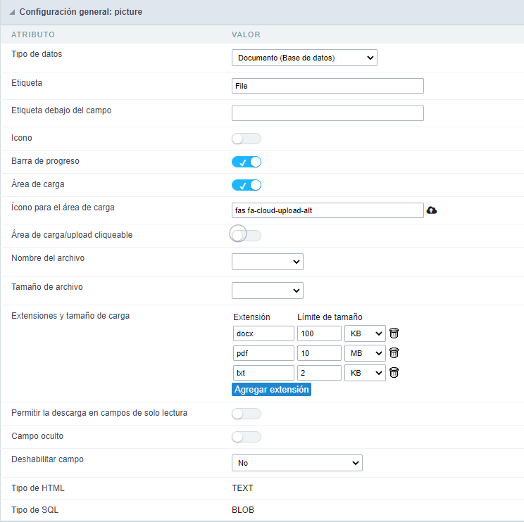 Document (Database) field Configuration Interface.