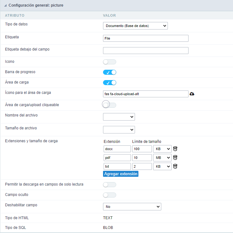 Image (Database) field Configuration Interface.