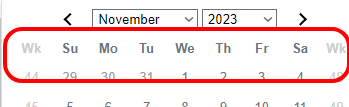 Calendario que muestra el primer día de la semana como lunes
