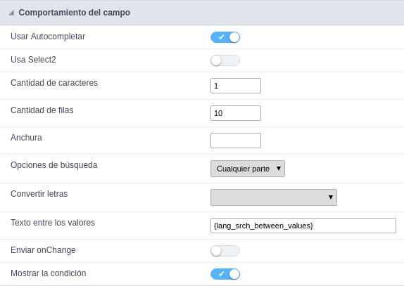 Interface de configuração do filtro do campo número.