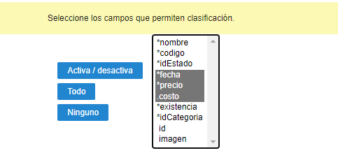 Seleccionar campos disponibles para clasificación