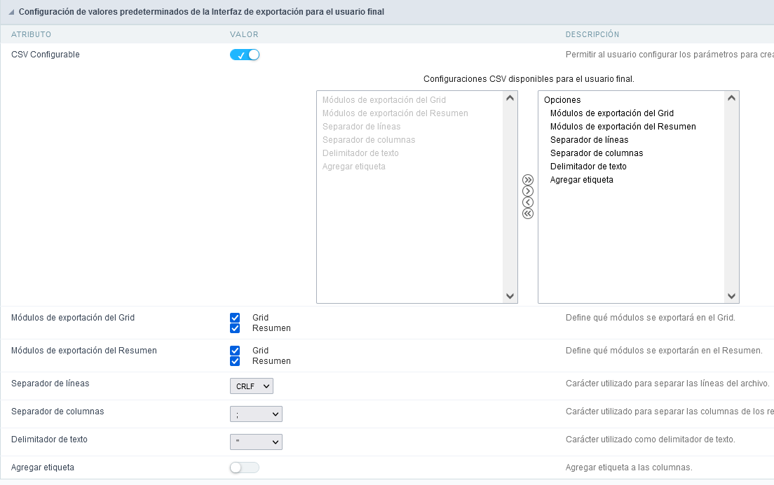 Configuración de los valores predeterminados de exportación csv