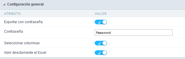 Configuración de exportación de Excel