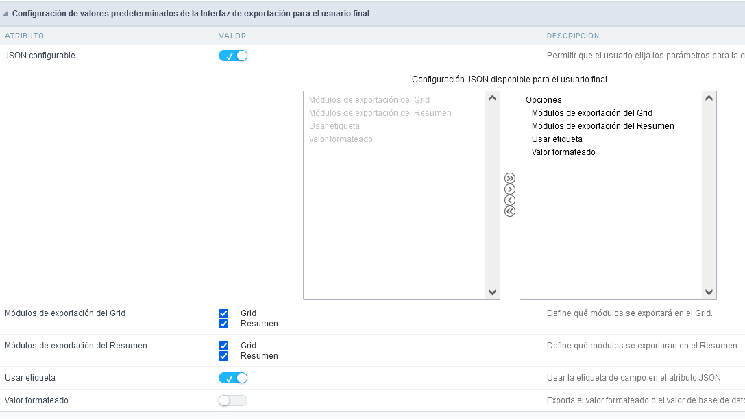 Configuración de valores predeterminados de exportación de JSON