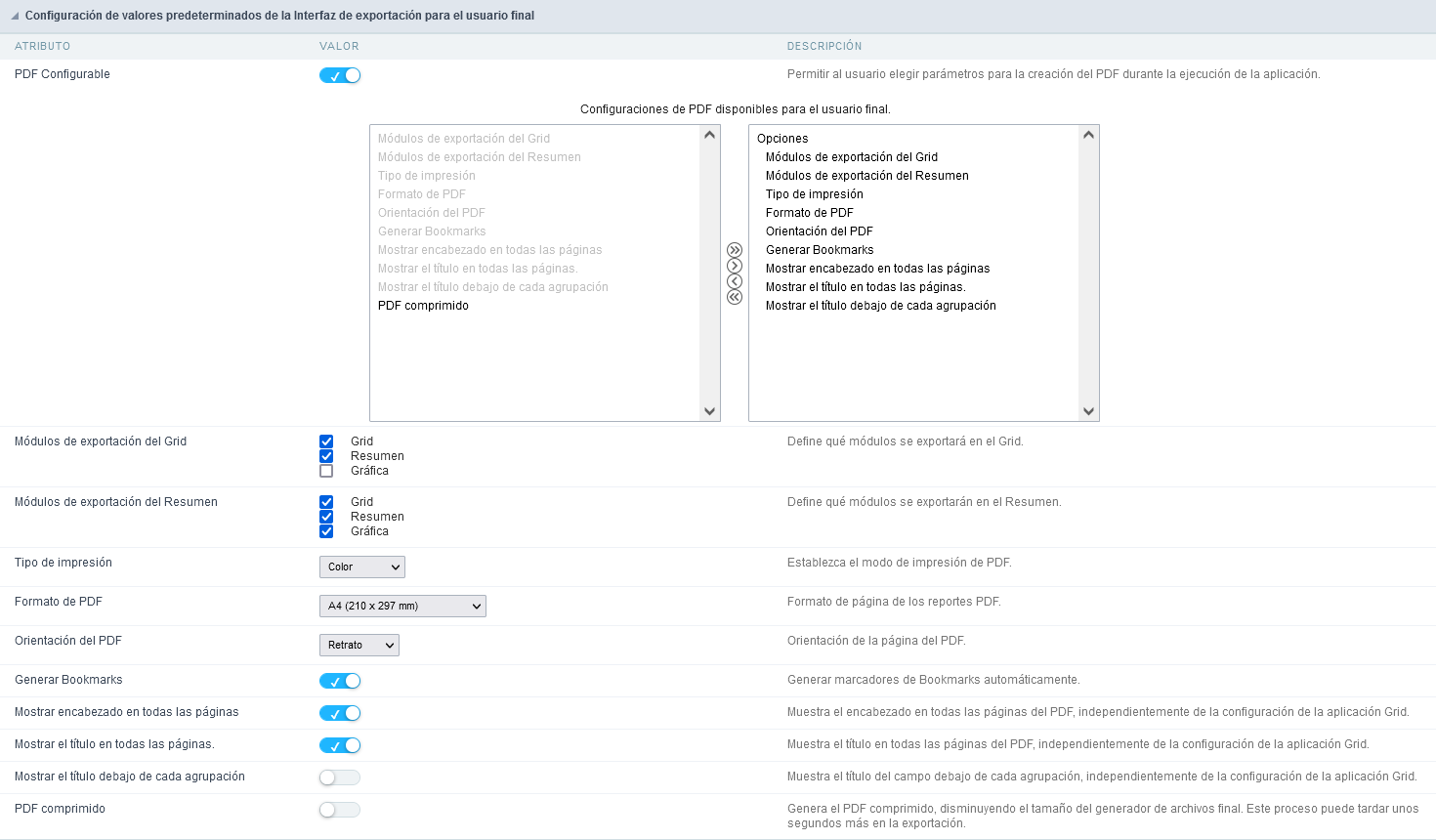 Ejemplo de la pantalla de configuración de PDF para el usuario final
