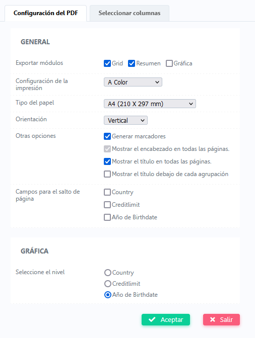 Ejemplo en la pantalla de configuración de PDF para el usuario final