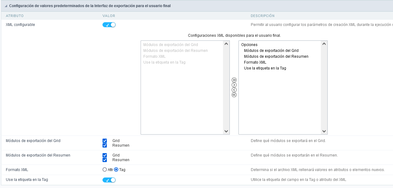 Configuración de valores predeterminados de exportación de XML