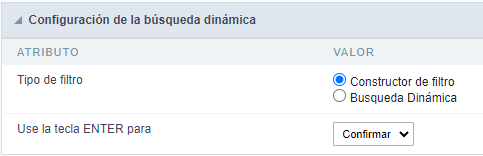 Interfaz de configuración de Búsqueda Dinámica.
