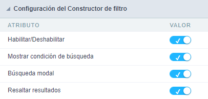 Tela de configurações do contrutor de filtros
