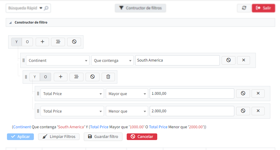 Ejemplo del constructor de filtros abriendo en un div debajo de la barra de herramientas