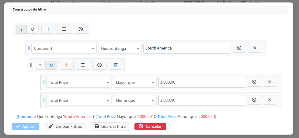 Ejemplo del constructor de filtros abriendo en un modal