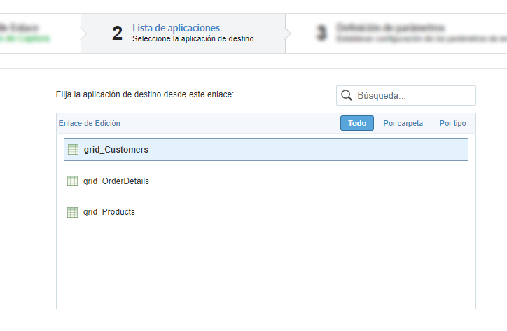 Pantalla con la lista de aplicaciones disponibles para enlace de edición.