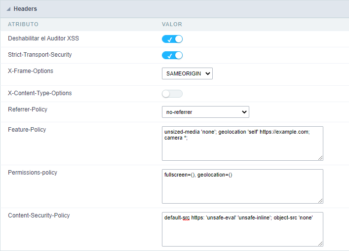 Configuração de segurança de headers na aplicação